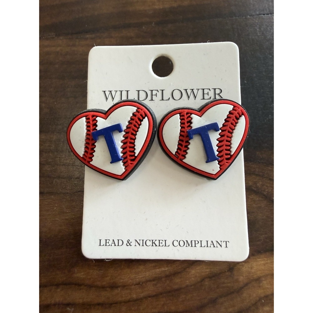 Wildflower Texas Rangers Baseball Heart Stud Earrings Blue T Game Day New